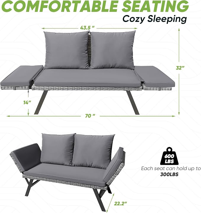 Greesum Outdoor Sofa, Woven Rattan Patio Furniture, Convertible Daybed or - Image 3