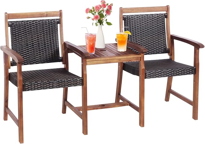 Tangkula Acacia Wood Garden Bench, Patiojoy Rattan Companion Loveseat Chair by TANGKULA
