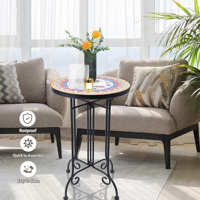 VCUTEKA Mosaic Outdoor Side Table, Round Rustproof Patio Tables - Image 5