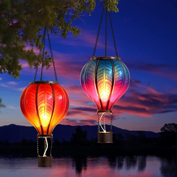 TERESA'S COLLECTIONS 2 Pcs Hot Air Balloon Solar Lantern Outdoor Garden Decor - Image 2