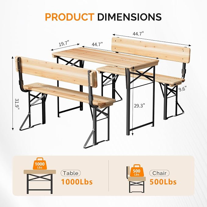 VINGLI 45 Inch Folding Picnic Tables and Chair Set - Image 3