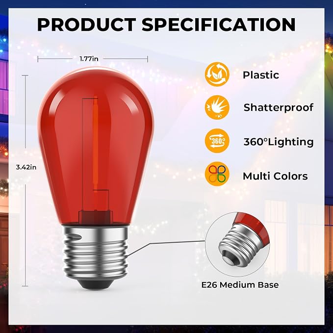 24 Pack S14 Colored LED String Light Bulbs, 1W Plastic Shatterproof Replacement - Image 5