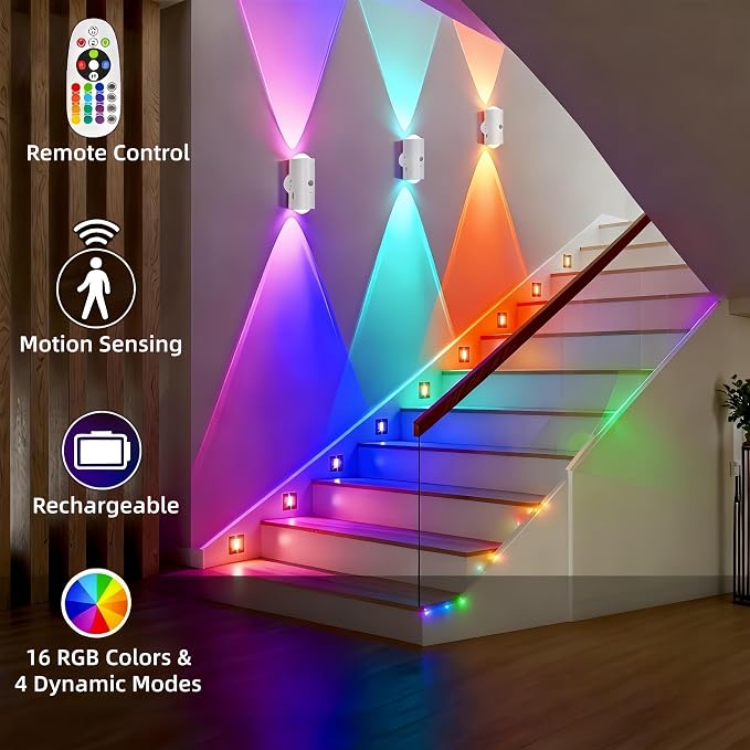 4 Pack Rechargeable Dynamic RGB LED Wall Lamp, Motion-Sensing Step Lights - Image 2