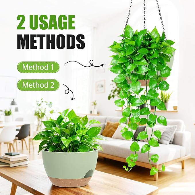 8 Inch Hanging Planters for Indoor Outdoor Plants, 4 Pack Green Brown Plastic - Image 5