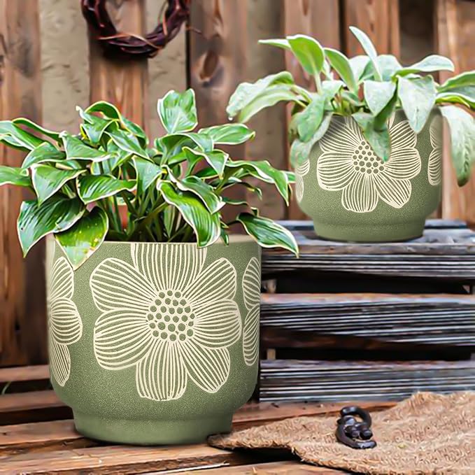 YBX 8 Inch + 6 Inch White Flower Pattern Plant Pots, Sand Glazed Ceramic Planter - Image 7