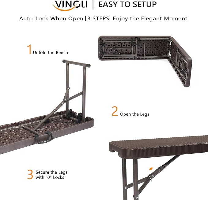 VINGLI 6 feet Plastic Folding Bench, Portable in/Outdoor Picnic Party Camping - Image 9