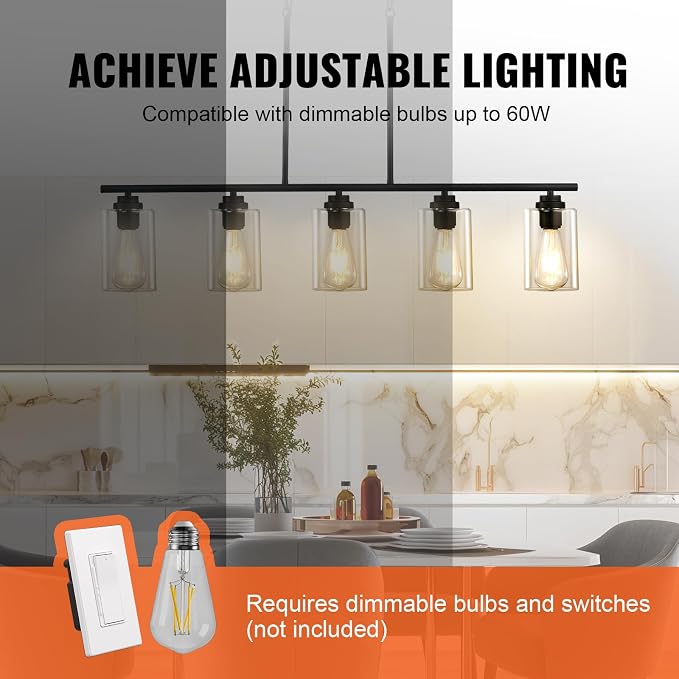 VEVOR 5-Light Kitchen Island Pendant Lights, Adjustable Dining Room Light - Image 5