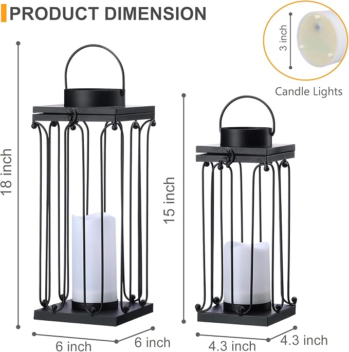Solar Lantern Decorative Outdoor Set of 2 Modern Black Metal Lanterns - Image 3