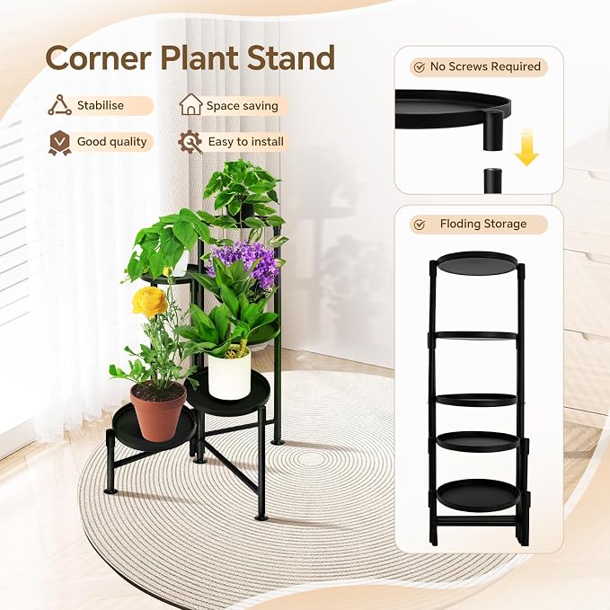 5 Tier Plant Stand Indoor, Metal Corner Plant Shelf Outdoor, Foldable Tall - Image 5