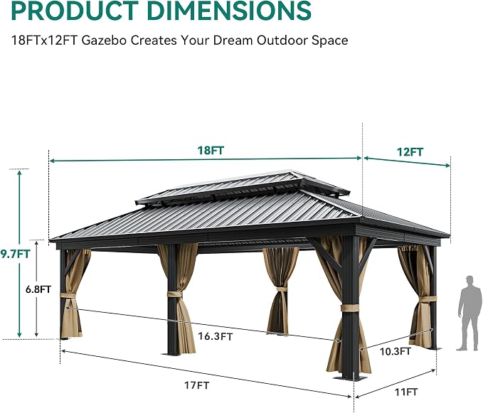 YITAHOME 12x18ft Gazebo Hardtop Canopy Outdoor Heavy Duty Double Roof - Image 3