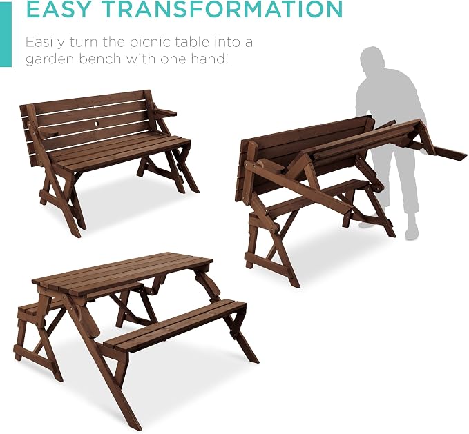 Best Choice Products 2-in-1 Transforming Interchangeable Outdoor Wooden Picnic - Image 3
