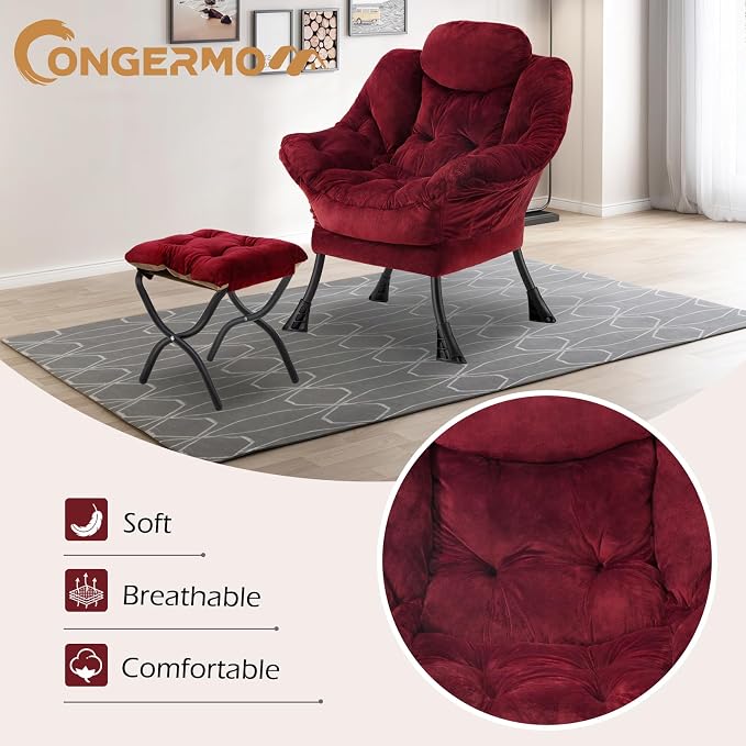 Lazy Chair with Folding Ottoman, Leisure Sofa Chair, Soft Fabric Armchair with - Image 4