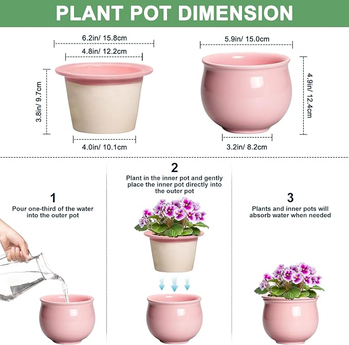 African Violet Pots, 6 Inch Ceramic Easy Self Watering Pots - Image 2