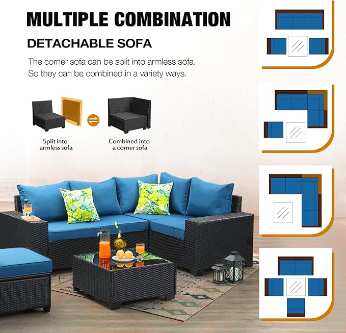 6 Pieces Patio Furniture Set All-Weather Outdoor Wicker Sectional Conversation - Image 7