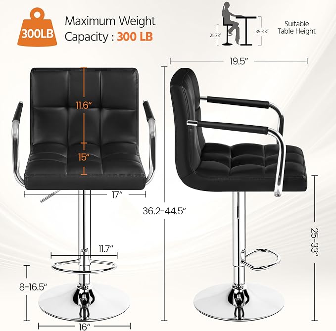 Yaheetech Bar Stools Set of 3, PU Leather Adjustable Barstools - Image 3