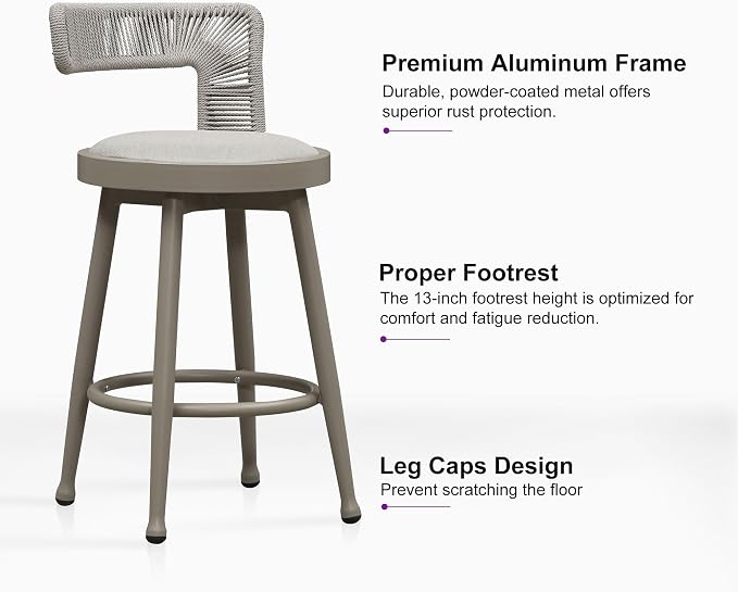 PURPLE LEAF Outdoor Swivel Counter Height Stools Set of 4 Metal Modern Rattan - Image 8