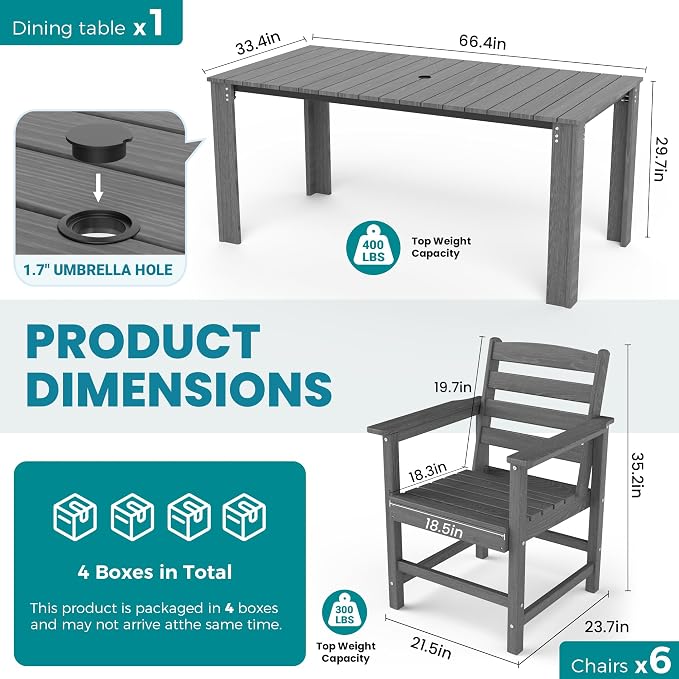 Outdoor HDPE Dining Table Set, 7-Piece Outdoor Dining Table Sets, Wood Grain - Image 6