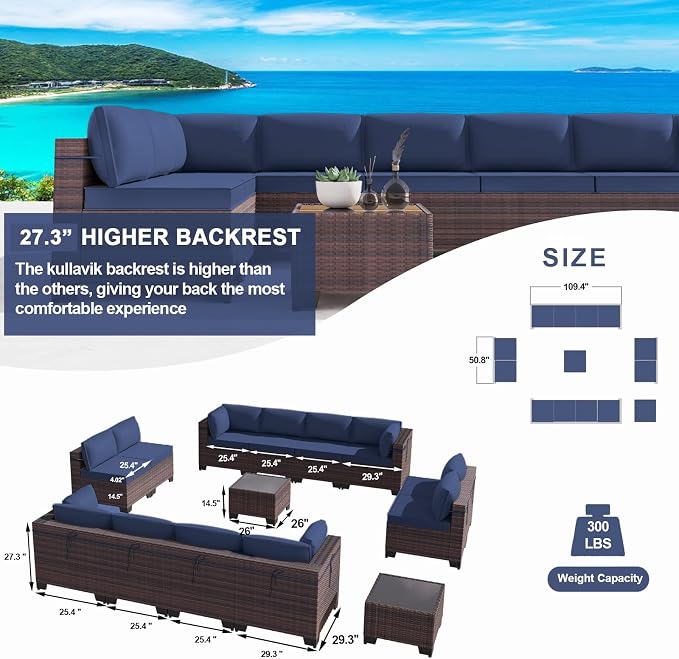 Kullavik 14 Pieces Outdoor Patio Furniture Set, Sectional Rattan Sofa Set Brown - Image 3