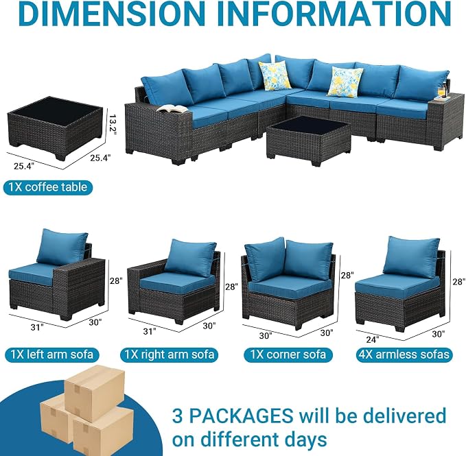 Jing's Villa 8-Piece Patio Furniture Set, All-Weather Outdoor Wicker Sectional - Image 7
