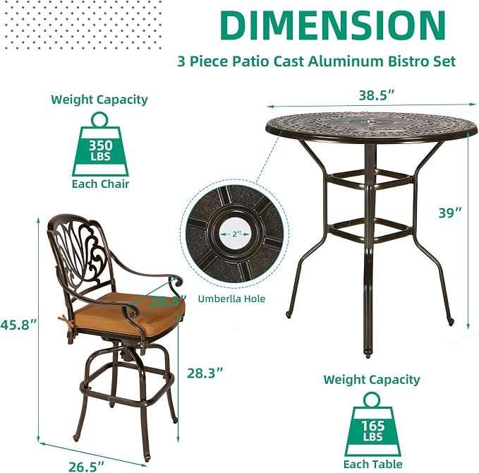 VIVIJASON 3-Piece Patio Swivel Bar Stools Set, All Weather Cast Aluminum - Image 6