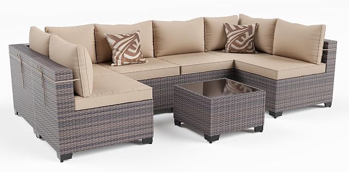 Kullavik 7 Pieces Outdoor Patio Furniture Set PE Wicker Rattan Sectional Sofa by KULLAVIK