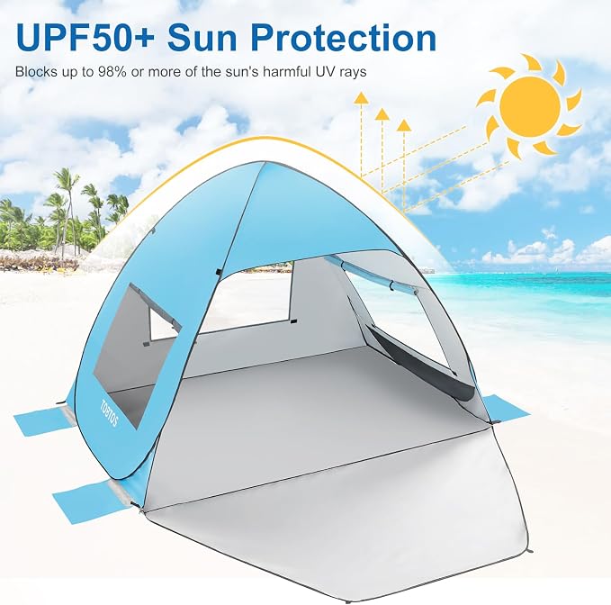 TOBTOS UPF 50+ Pop Up Beach Tent, Easy Set Up Beach Umbrella, Sun Shelter - Image 3