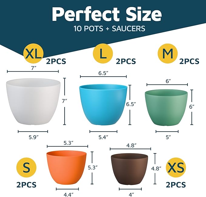 Multicolor Plant Pots with Drainage Holes & Saucers 10 Pack, Indoor & Outdoor - Image 2