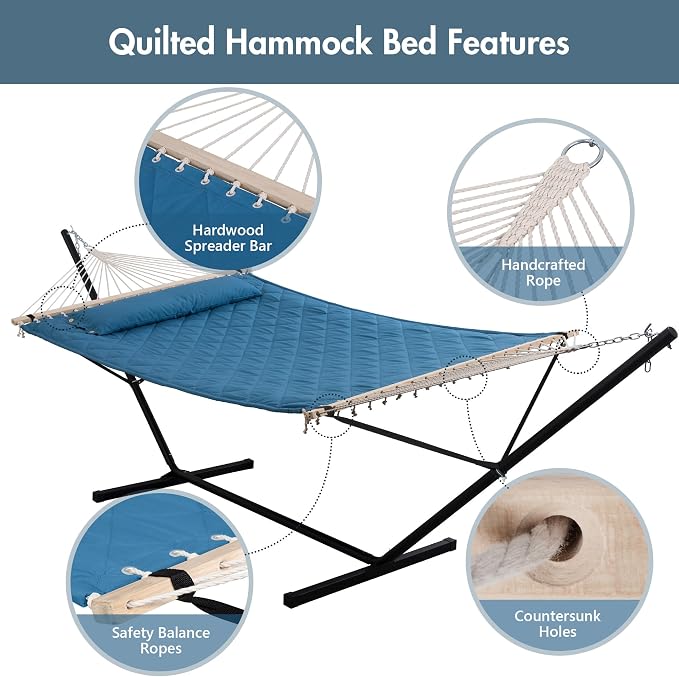 ANOW Double Hammock with 12 Feet Heavy Duty Steel Stand Combo, 2 Person Quilted - Image 3