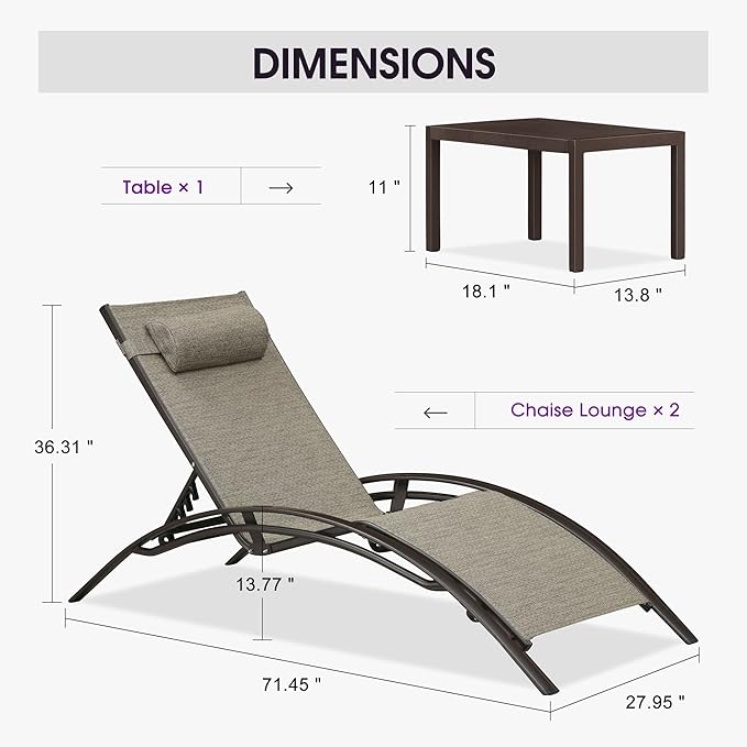 PURPLE LEAF Outdoor Oversized Chaise Lounge Chair Set of 3 Patio Pool Lounger - Image 2
