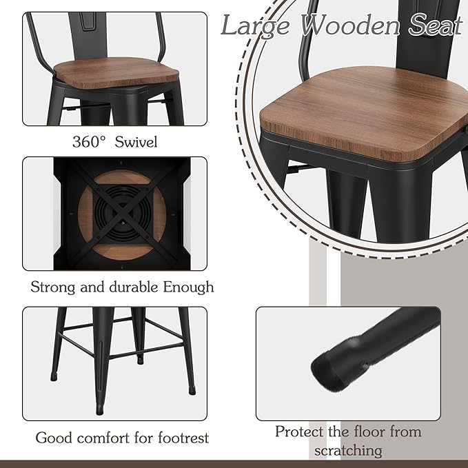 Alunaune 30" Swivel Metal Bar Stools Set of 4 High Back Counter Height - Image 5