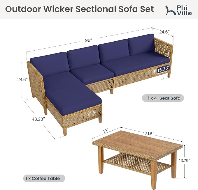 PHI VILLA Sectional Outdoor Couch, Small Patio Furniture Set - Image 2