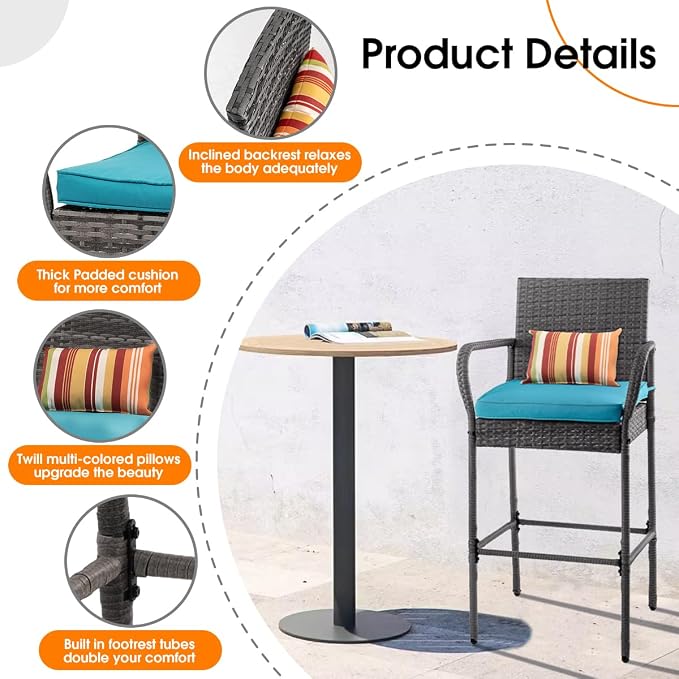 Sundale Outdoor Wicker Bar Stool Set of 6, Patio Counter Height Pub Chair - Image 4