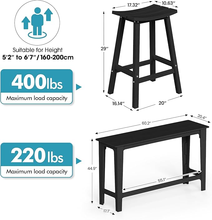 Ciokea 3 Pcs Outdoor Bar Height Table and Stools Set, Heavy-Duty All-Weather - Image 3