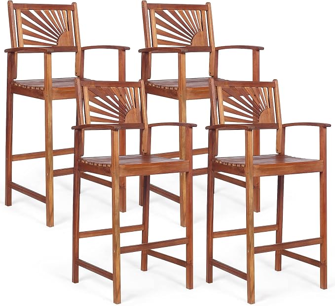 COSTWAY Bar Stools Set of 4, Outdoor Acacia Wood Bar Chairs by COSTWAY