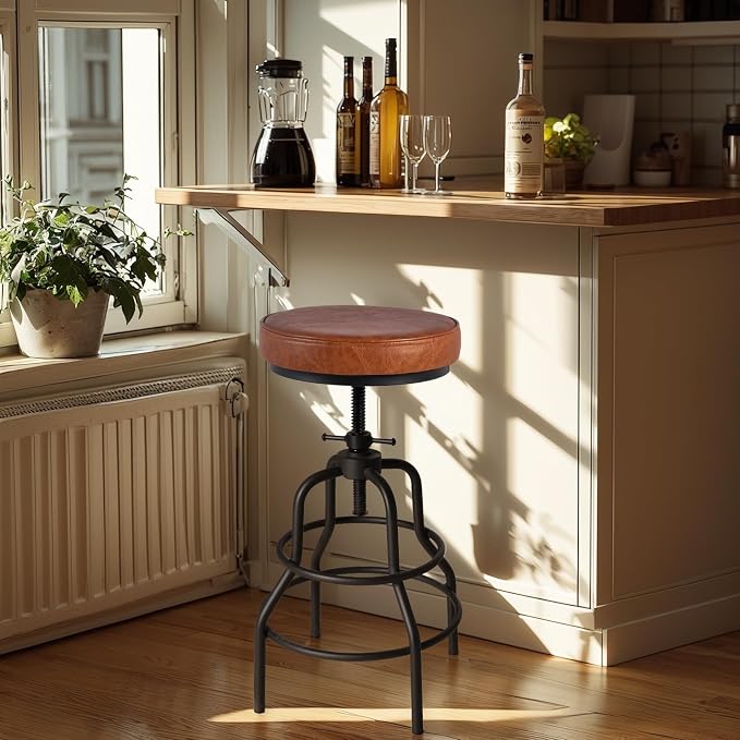 LOKKHAN Industrial Bar Stools-Swivel Leather Metal Bar Stool-20-27 Inch Tall - Image 2