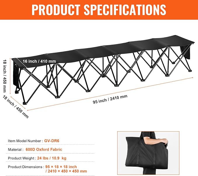 VEVOR Portable Folding Bench, 6 Seats Foldable Sideline Bench, Outdoor Camping - Image 9