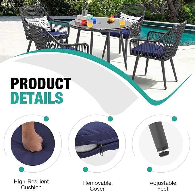 Patiorama 5-Piece Patio Dining Set, Outdoor Dining Table Chair Set, All-Weather - Image 5