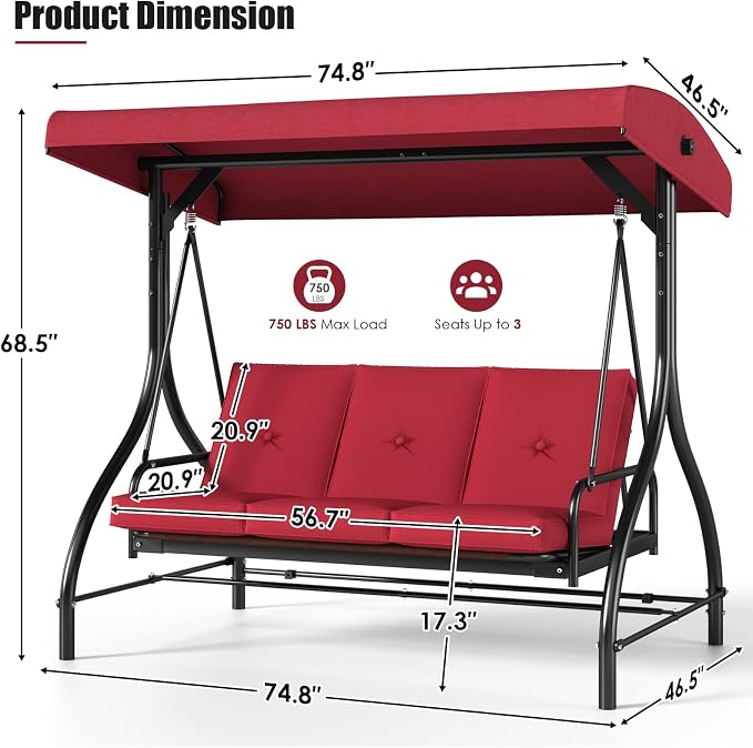 MAMIZO 3-Seat Outdoor Patio Swing, Porch Swings, Backrest Bench Sets, Glider - Image 2