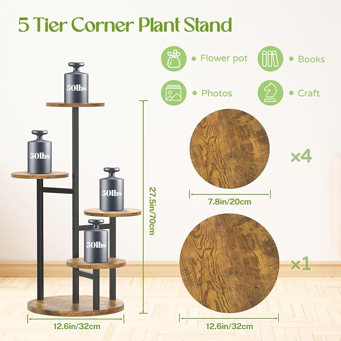 5 Tier Plant Stand Indoor, Metal Wood Flower Holder, Heavy Duty Tall Round - Image 2