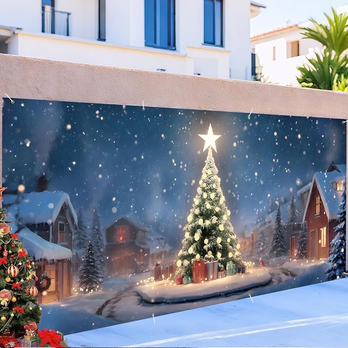Christmas Garage Door Banner 6x13FT, Night Village Christmas Tree Scene - Image 6