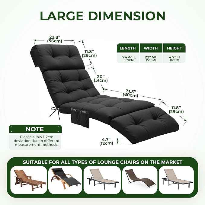 Outdoor Chaise Lounge Chair Cushion Waterproof 74.4 x 22 x 4.7 Inches Lounge - Image 3