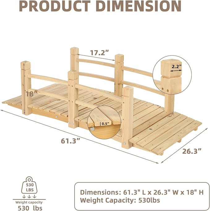 Wood Garden Bridge Classic Wooden Arch Stained Finish Footbridge - Image 7