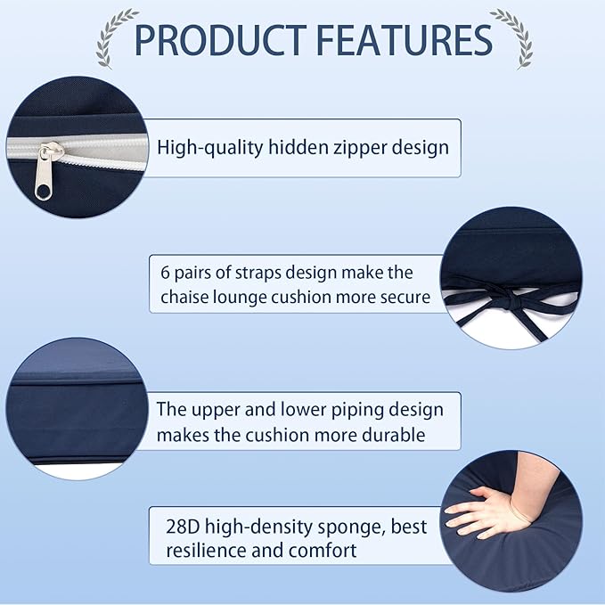 Outdoor Chaise Lounge Cushions Set of 2, Waterproof Fade Resistant Patio - Image 3