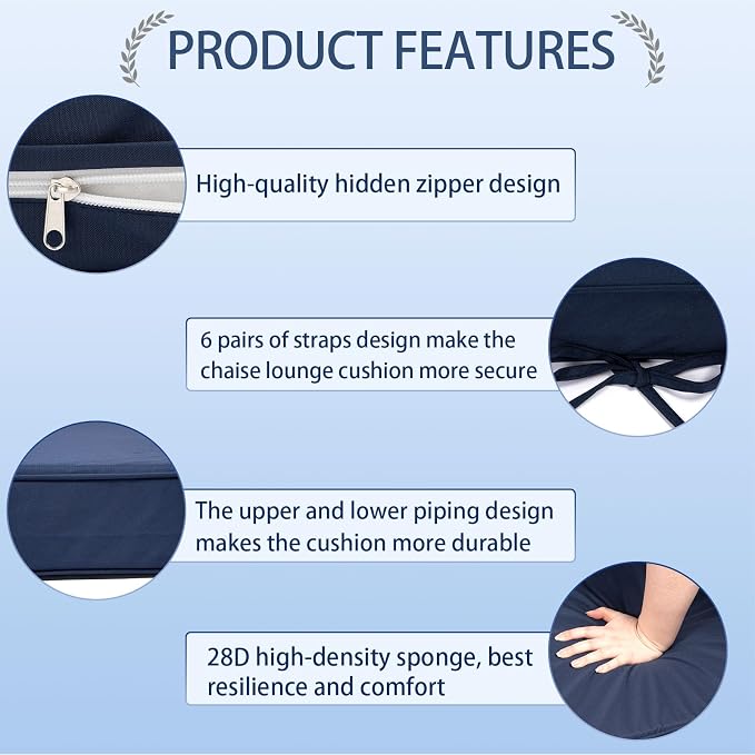 Outdoor Chaise Lounge Cushions Set of 2, Waterproof Fade Resistant Patio - Image 3