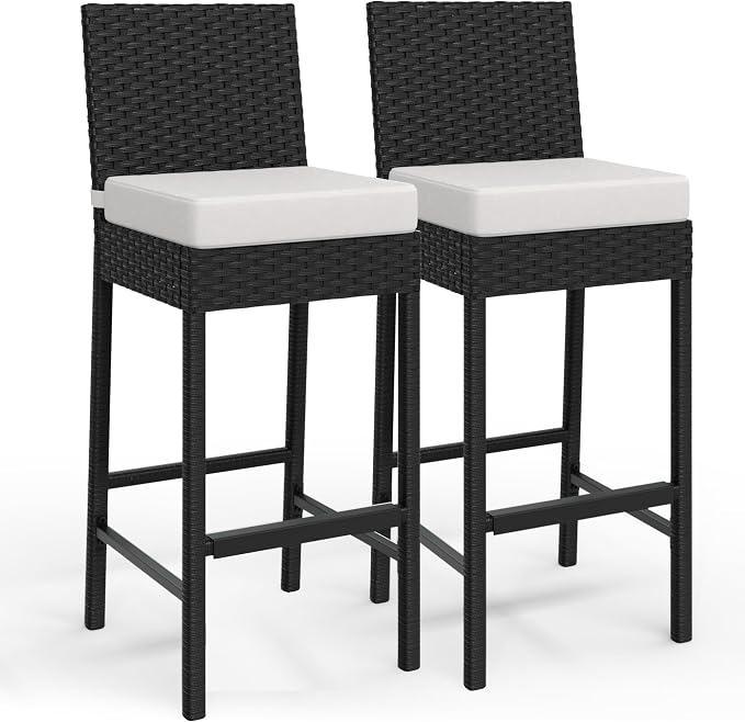 GarveeLife Wicker Woven Outdoor Bar Stools Set of 2, Rattan Patio Stools & by GarveeLife
