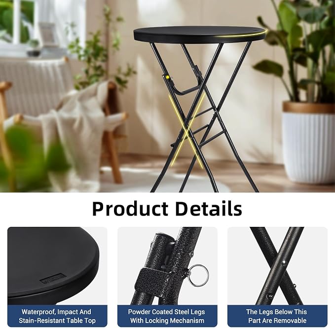 Cocktail Table 28in High Top Round Folding Indoor Outdoor, Plastic Bar Height - Image 4