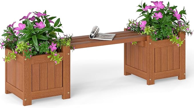 HAPPYGRILL Outdoor Bench with 2 Raised Garden Beds, 2-in-1 Outdoor Planter Box by HAPPYGRILL