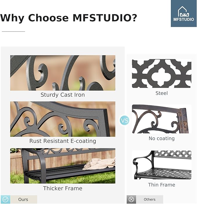 MFSTUDIO Outdoor Metal Bench Set of 2, Garden Patio 43.7 Inches Cast Iron Metal - Image 7
