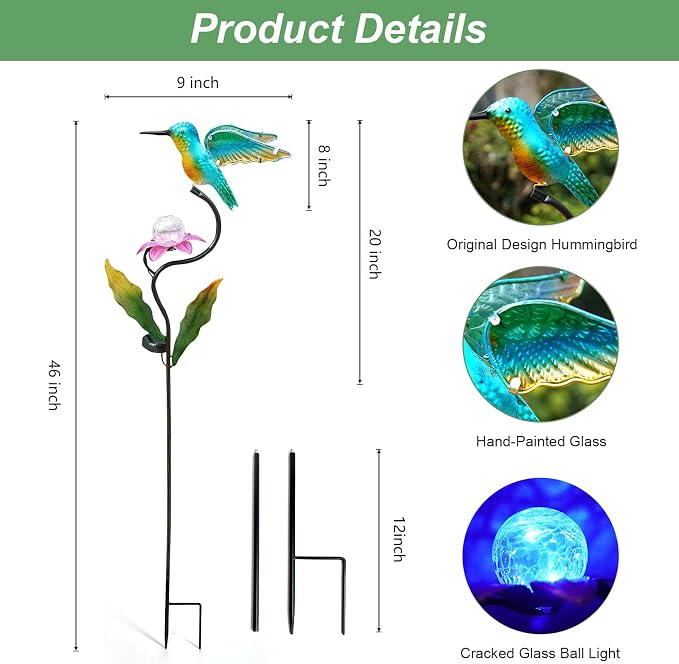 HONGLAND 46 Inch Solar Hummingbird Lights, Solar Garden Decor - Image 2