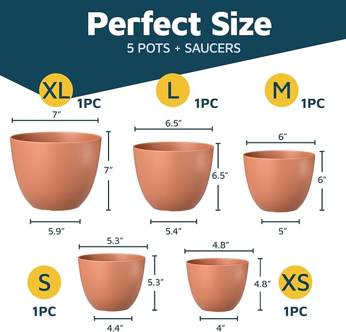 Terracotta Plant Pots with Drainage Holes & Saucers 5 Pack, Indoor & Outdoor - Image 2